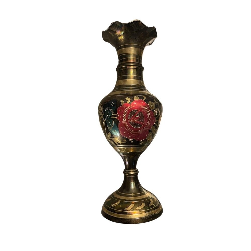 Vintage Collectible Indian Brass Engraved Etched Floral red green Vase 9.5”T